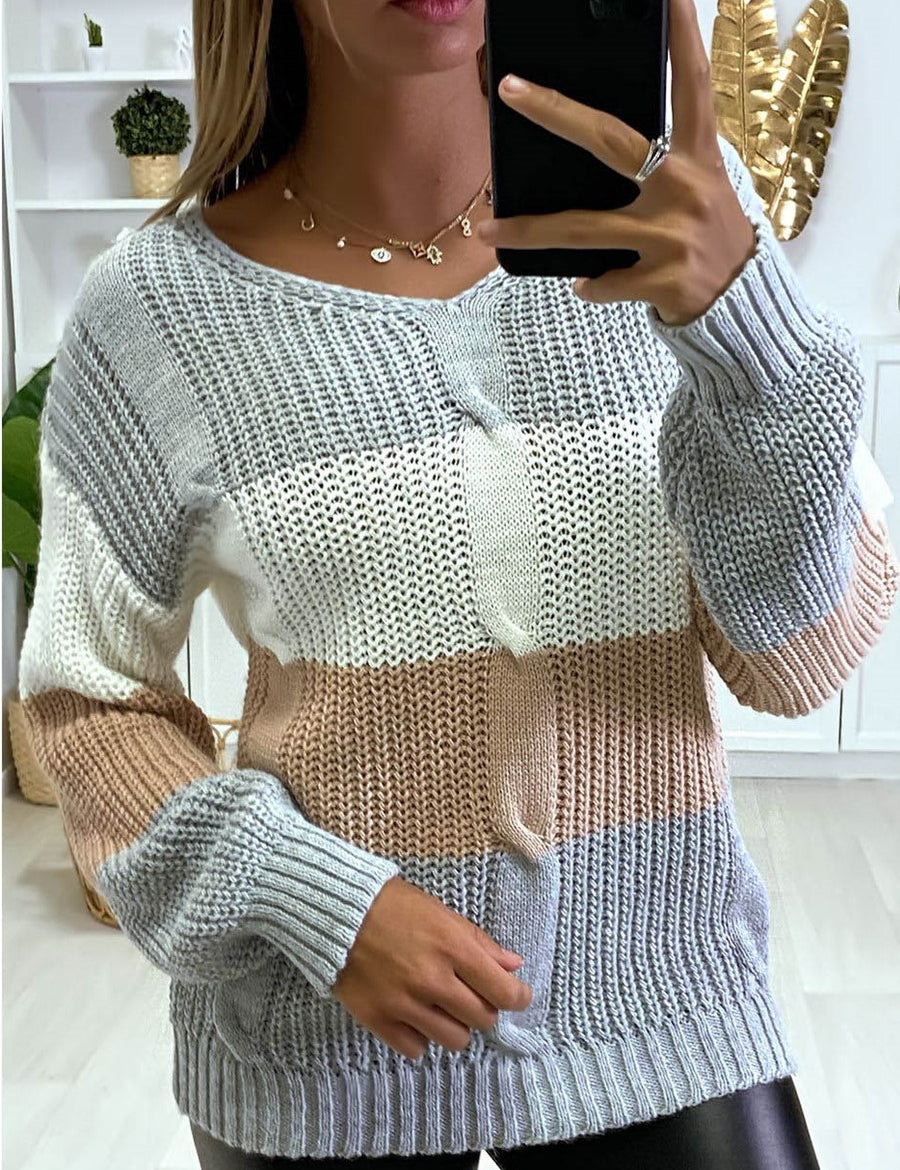 New Knitted V Neck Color Matching Long Sleeved Sweater Women