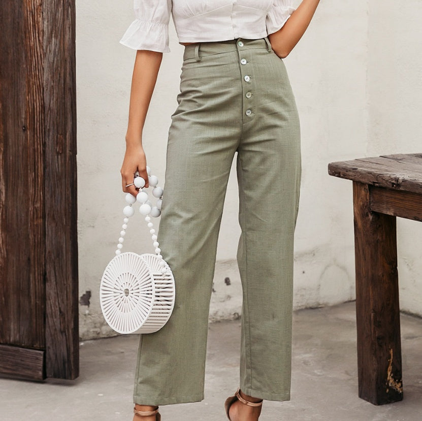 Tess’s - Vrouwen Effen Slim Broek met Knopen
