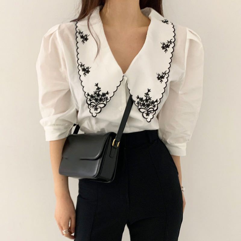Eva’s - Vrouwen Geborduurde Puff Sleeve Blouse met Contrast