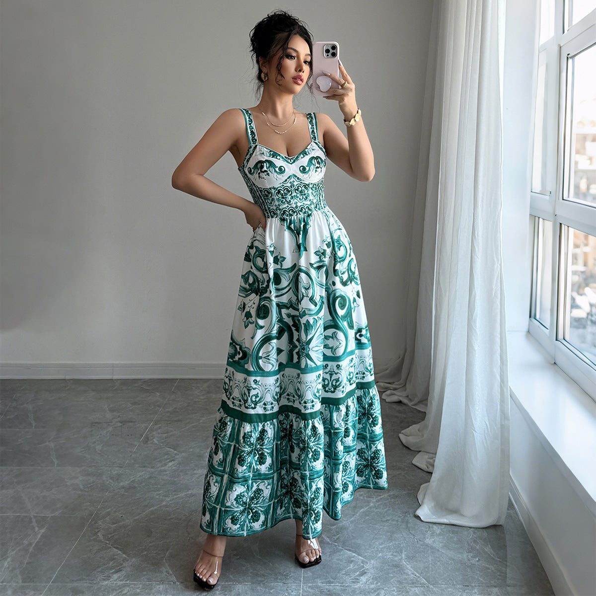 Eline’s - Vrouwen Groene Print Maxi Jurk