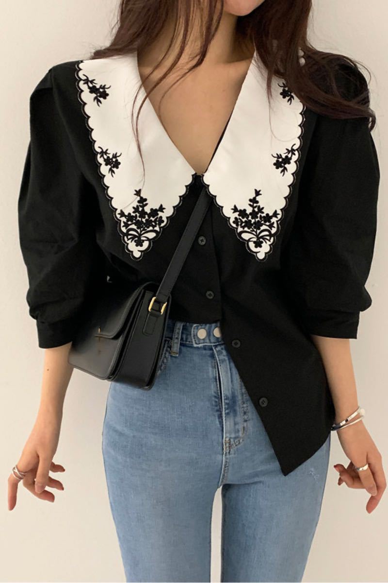 Eva’s - Vrouwen Geborduurde Puff Sleeve Blouse met Contrast