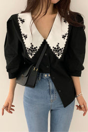 Eva’s - Vrouwen Geborduurde Puff Sleeve Blouse met Contrast