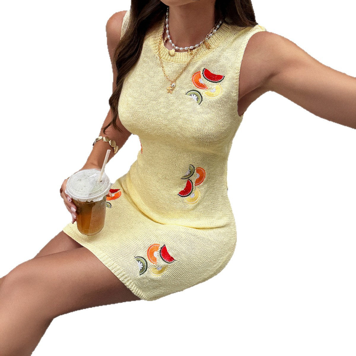 Lara’s - Vrouwen Gebreide Bodycon Jurk met Fruit Borduursel