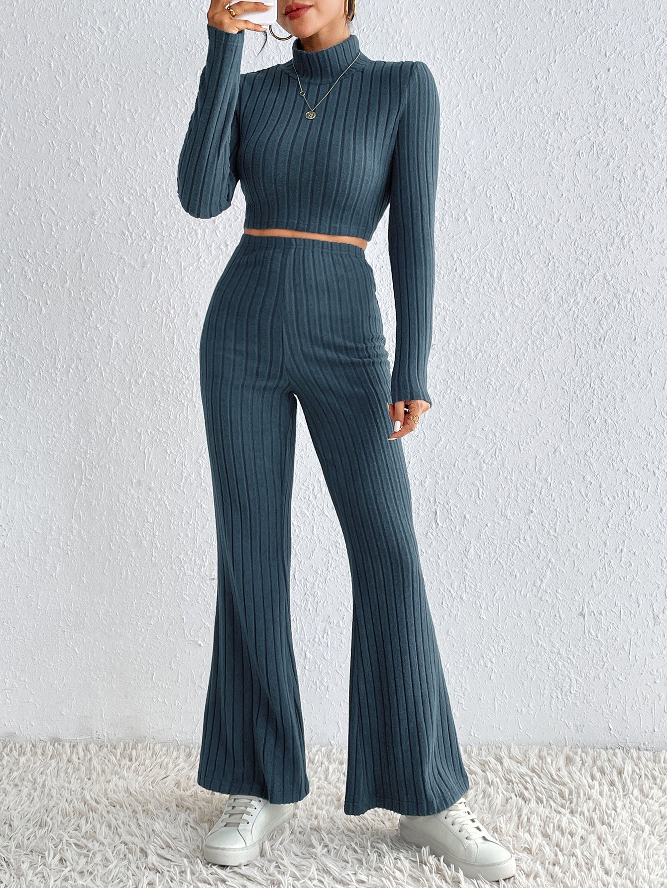 Noor’s - Vrouwen Gebreide Coltrui & Hoge Taille Wijde Broek Set