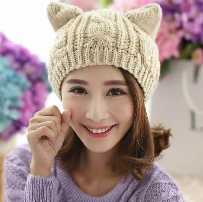 Handgemaakt 3D Kattenoren Gebreide Winter Beanie Met Oortjes