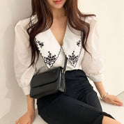 Eva’s - Vrouwen Geborduurde Puff Sleeve Blouse met Contrast