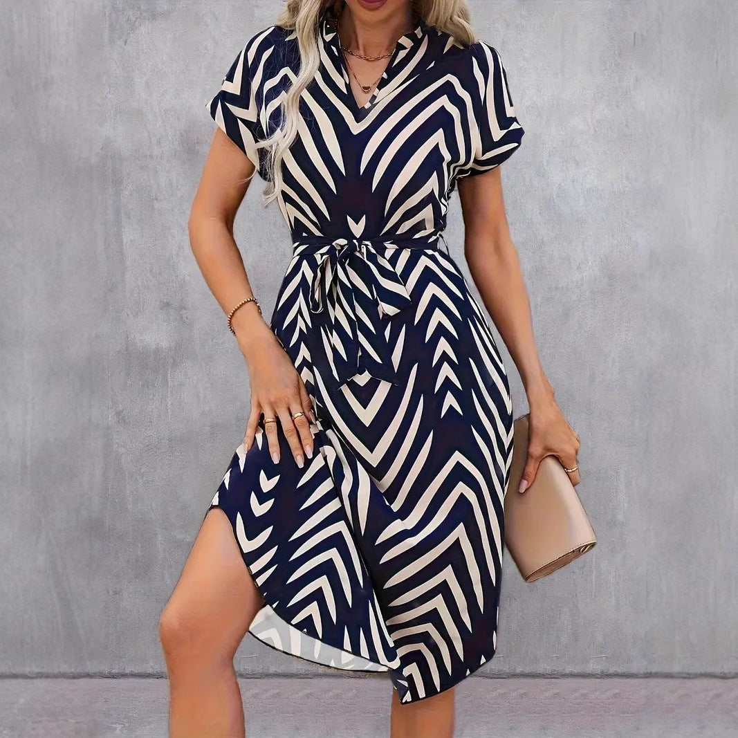 Mila’s - Vrouwen Elegante Onregelmatige Gestreepte Midi Jurk