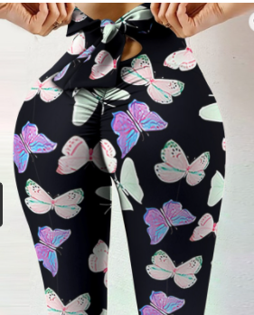 Yoga broek met vlinderprint zwart met roze en wit zijprofiel