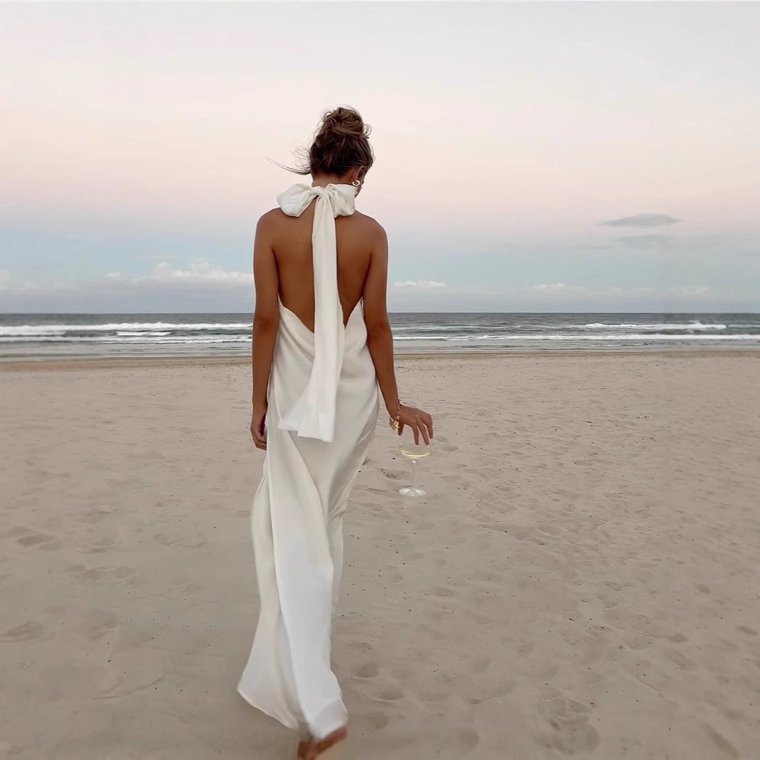Nina’s - Vrouwen Vintage Witte Gehaakte Halter Avondjurk