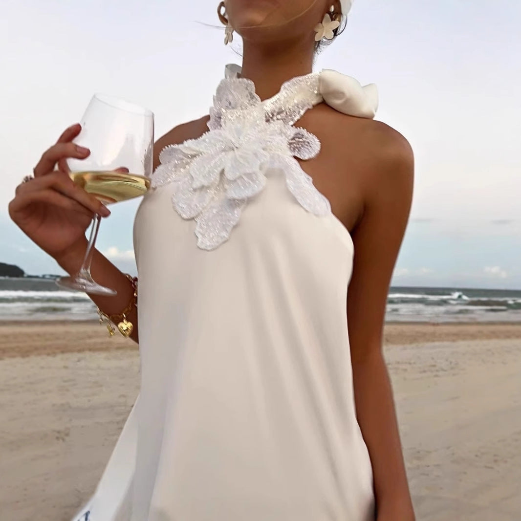 Nina’s - Vrouwen Vintage Witte Gehaakte Halter Avondjurk