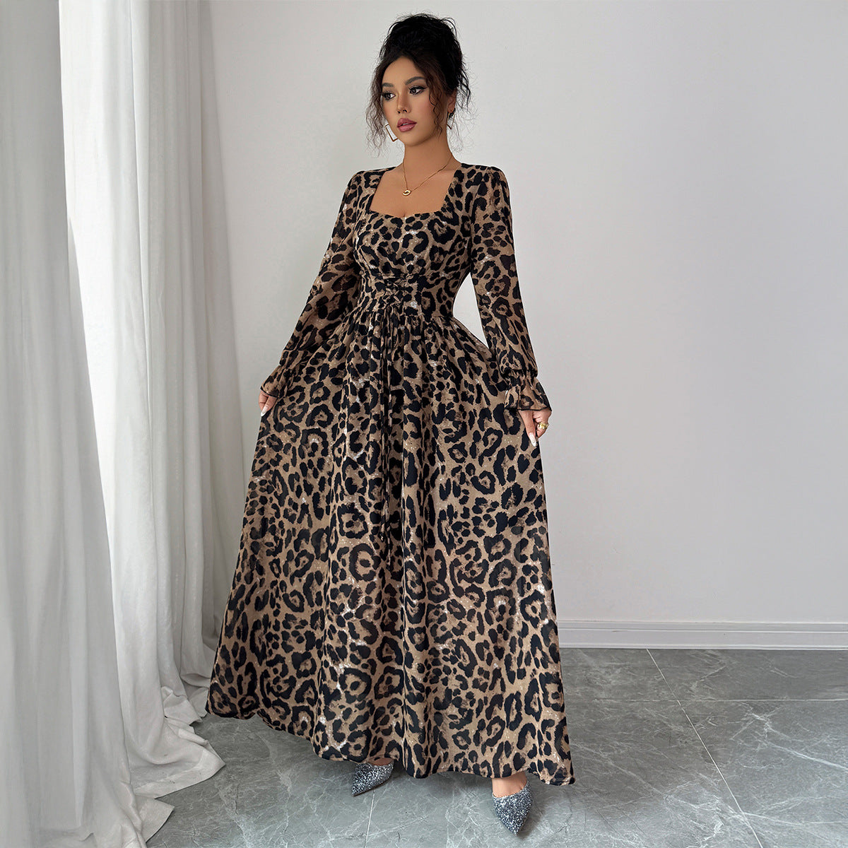 Femke’s - Vrouwen Luipaardprint Longsleeve Maxi Jurk