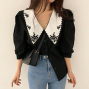 Eva’s - Vrouwen Geborduurde Puff Sleeve Blouse met Contrast