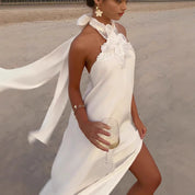 Nina’s - Vrouwen Vintage Witte Gehaakte Halter Avondjurk