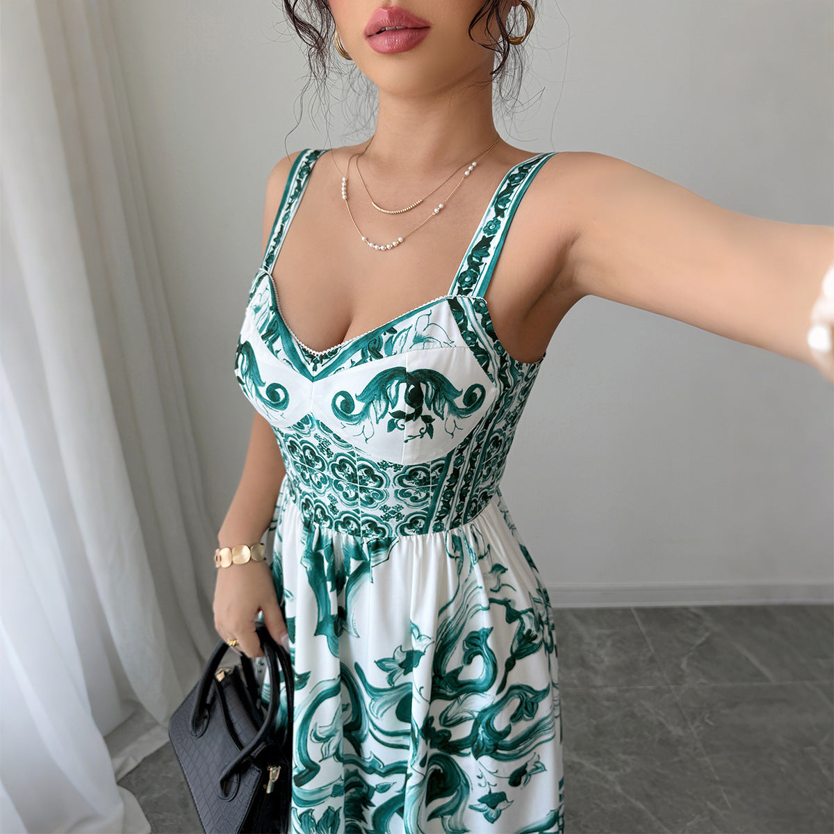 Eline’s - Vrouwen Groene Print Maxi Jurk