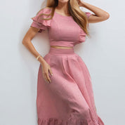 Zoë’s - Vrouwen Tweedelige Set Ruches Top & Wijde Maxi Rok