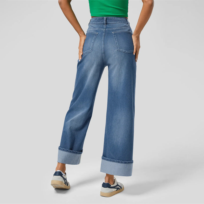 Luna’s - Vrouwen Hoge Taille Rechte Jeans met Ombuigde Zoom