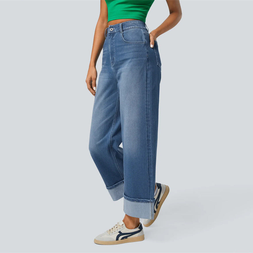 Luna’s - Vrouwen Hoge Taille Rechte Jeans met Ombuigde Zoom