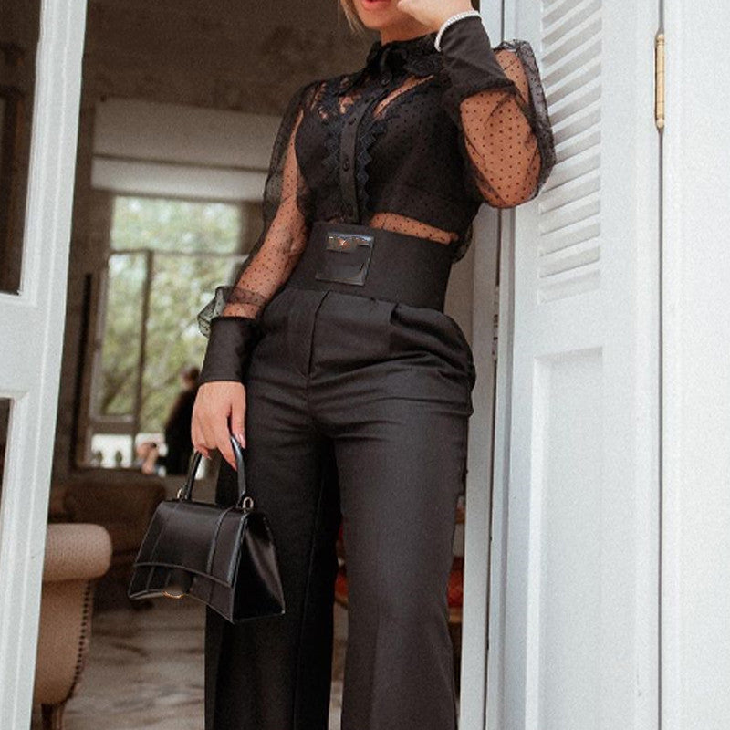Makenzie’s - Vrouwen Zwarte Stippen Kanten Blouse