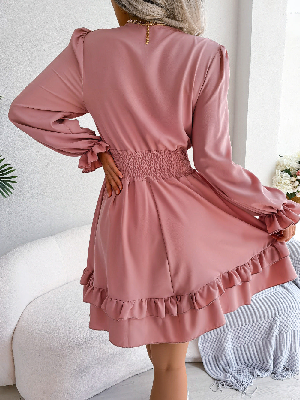 Yasmine’s - Vrouwen Effen V-Hals Longsleeve Jurk