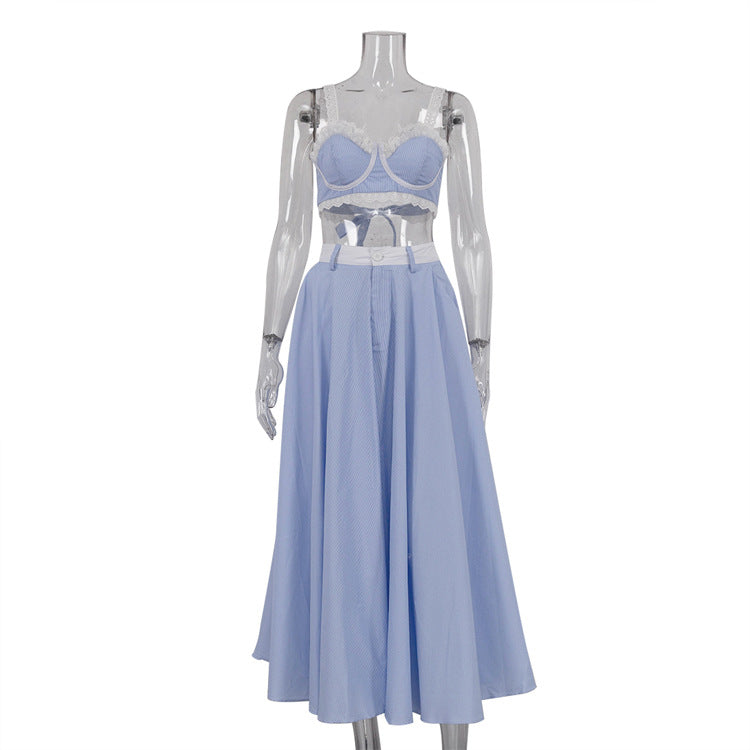 Noor’s - Vrouwen Tweedelige Set Kanten Top met Bandjes & Hoge Taille Zwierige Rok