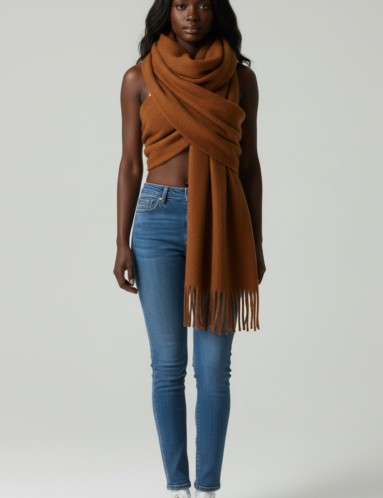 bruine dames sjaal met lange franjes en warme uitstraling van Labellaa