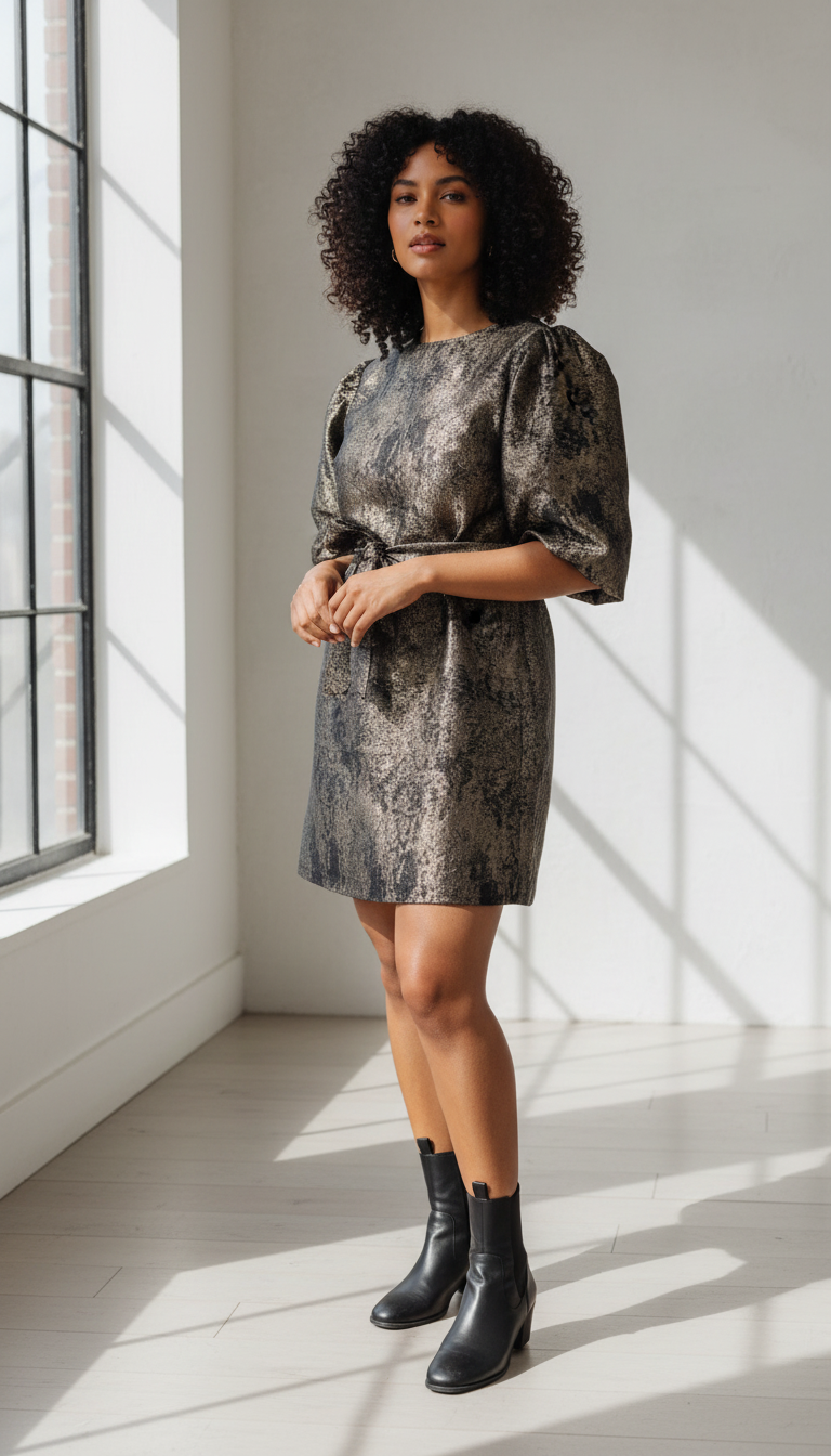 Gouden feestjurk met pofmouwen en tailleceintuur, elegante damesmode Labellaa