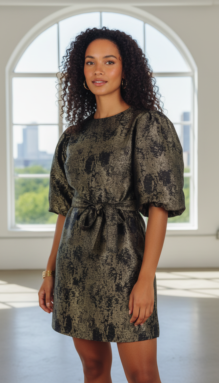Gouden damesjurk met pofmouwen en strikceintuur, stijlvolle look van Labellaa