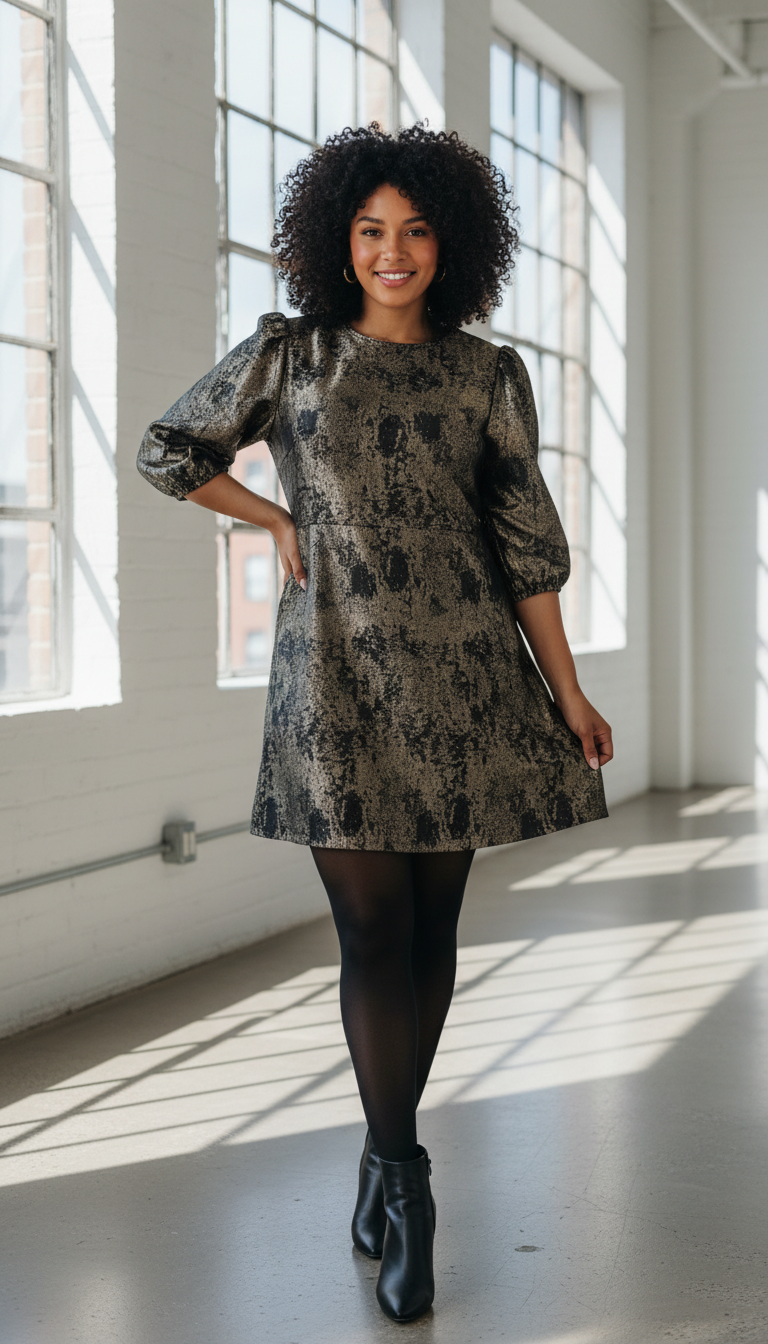 Elegante gouden damesjurk met pofmouwen en luxe uitstraling van Labellaa
