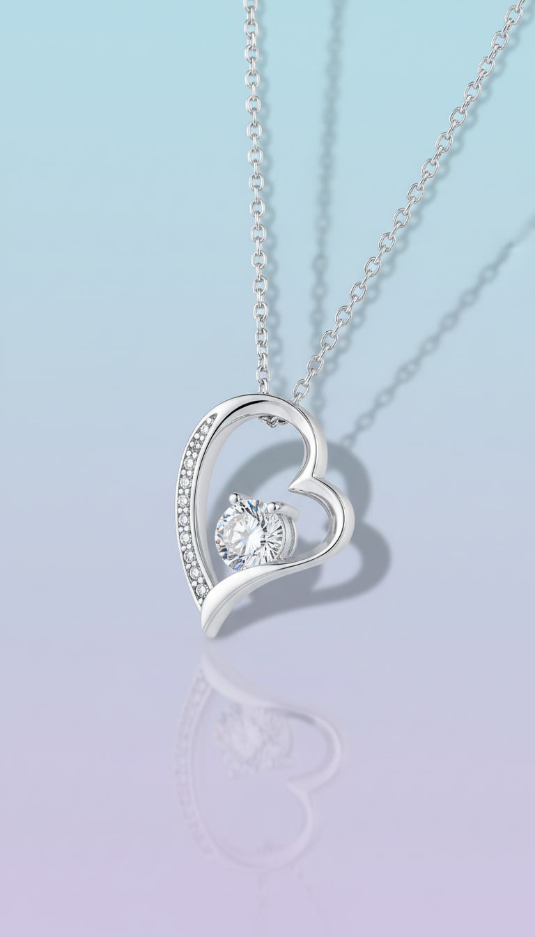 Detail van zilveren hartvormige hanger met fonkelende steen aan dames ketting Labellaa
